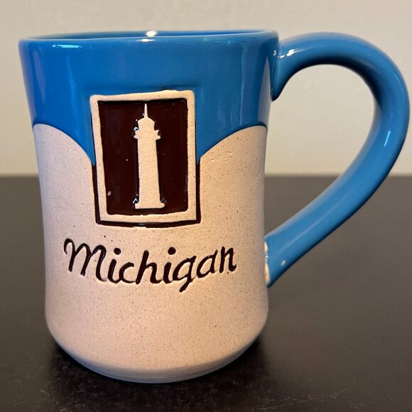 Michigan Lighthouse Embossed Souvenir Pottery Mug ~ Unglazed & Glossy Blue Glaze - Picture 2 of 8